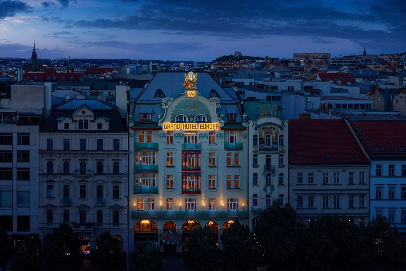 W Prague — Grand Hotel Evropa façade at twilight